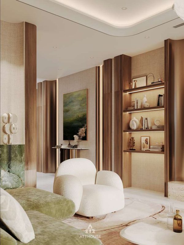 Không gian phòng khách mang vẻ đẹp sang trọng, tinh tế theo phong cách Contemporary Organic Luxury.

