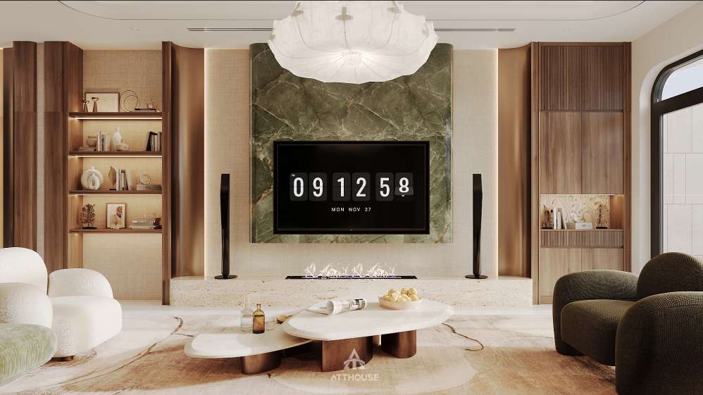 Thiết kế vách tivi phòng khách nhà phố Trực Cát House phong cách Contemporary Organic Luxury - Một chuẩn sống để trở về, để kết nối các thế hệ và để phản ánh gu thẩm mỹ