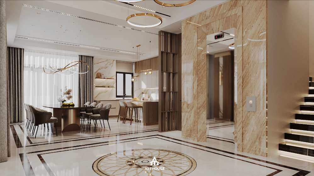 Khu vực sảnh thang mang dấu ấn riêng trong thiết kế biệt thự Vinhomes Royal Island.

