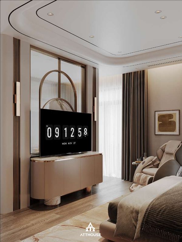Thiết kế biệt thự Vinhomes Royal Island với phòng ngủ master mang vẻ đẹp tinh tế, sang trọng.

