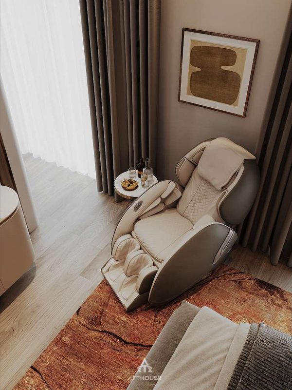 Phòng ngủ master đậm chất Contemporary Luxury trong thiết kế biệt thự Vinhomes Royal Island.

