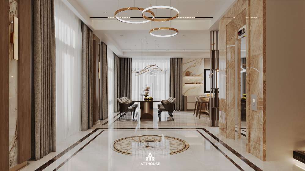 Không gian khu vực sảnh đậm chất Contemporary Luxury tại thiết kế biệt thự Vinhomes Royal Island.


