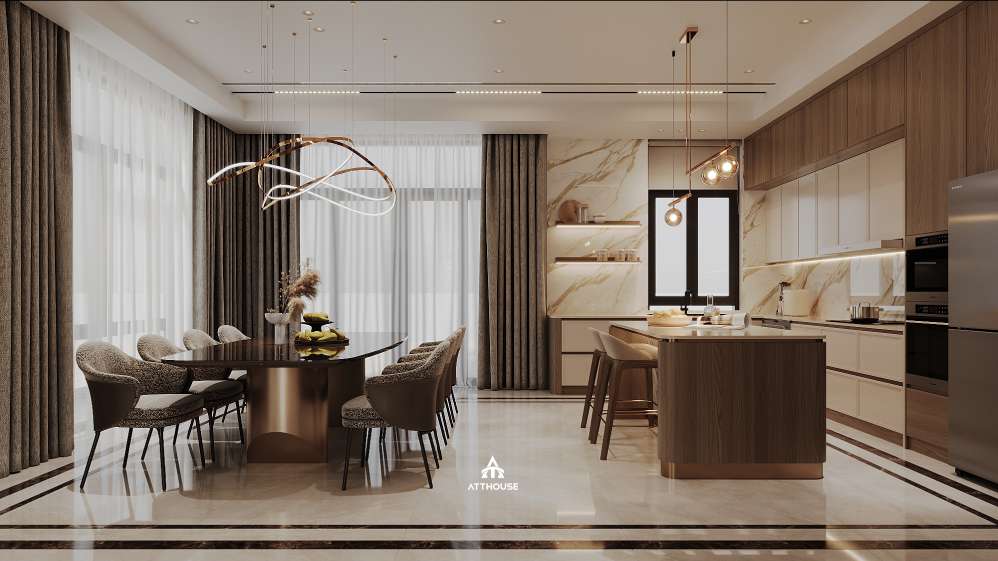 Thiết kế biệt thự tại Vinhomes Royal Island với phòng bếp thanh lịch, thời thượng.

