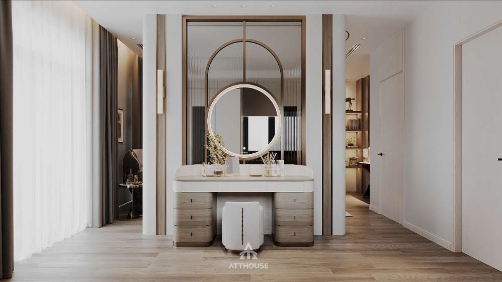 Phòng ngủ master hiện đại, ấm áp – điểm nhấn trong thiết kế biệt thự Vinhomes Royal Island.


