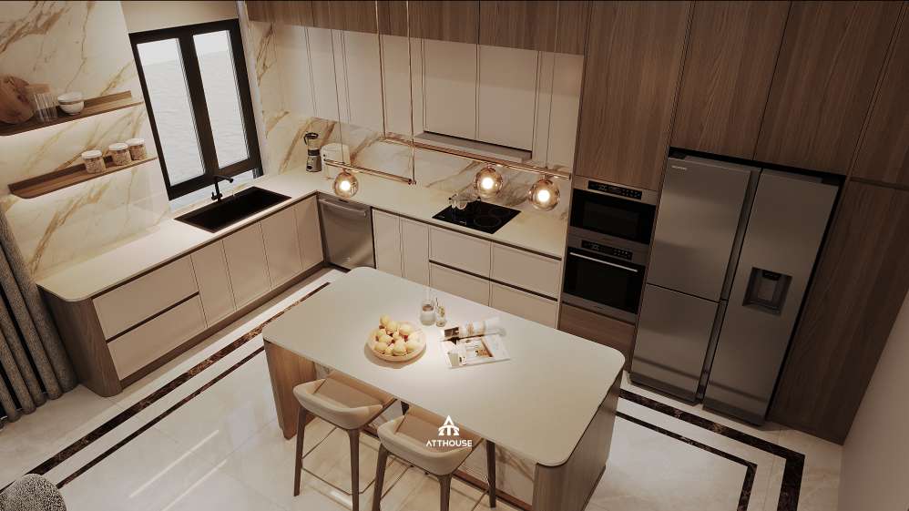 Phòng bếp – điểm nhấn nổi bật trong thiết kế biệt thự Vinhomes Royal Island.

