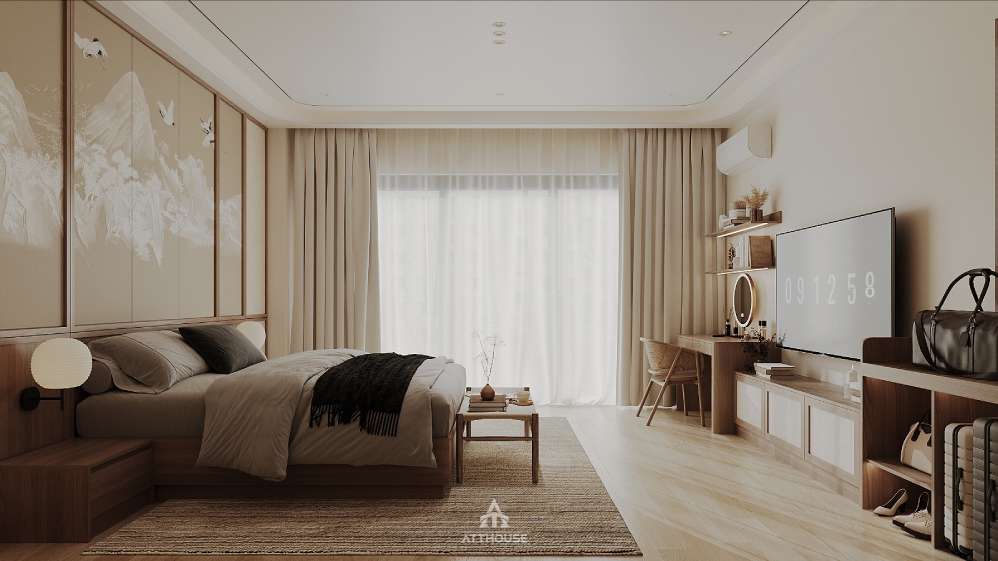 Hệ tab đầu giường bằng gỗ kết hợp đèn ngủ hình cầu mang đến vẻ đẹp tinh tế cho phòng ngủ tại Vinhomes Royal Island.