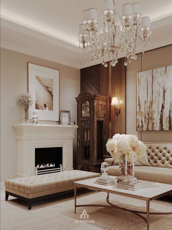 Không gian nội thất phòng khách mang phong cách Modern Classic tại thiết kế biệt thự Vinhomes Royal Island