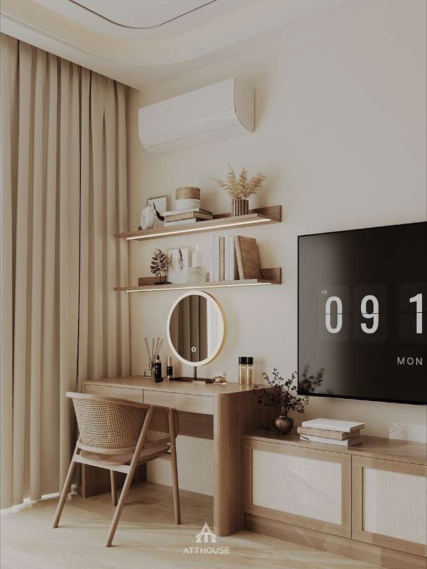Khu vực kệ tivi kết hợp tủ lưu trữ tạo nên tổng thể gọn gàng, hiện đại trong phòng ngủ biệt thự Vinhomes Royal Island.