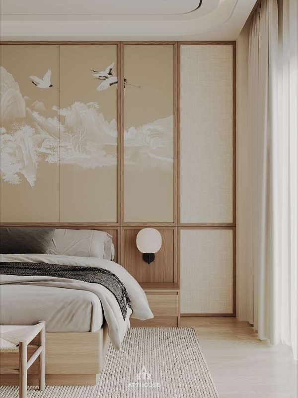 Thiết kế biệt thự Vinhomes Royal Island tận dụng ánh sáng tự nhiên qua hệ cửa kính lớn và rèm hai lớp mềm mại.