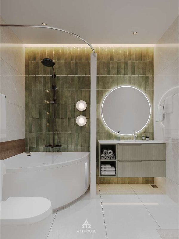 Thiết kế biệt thự Vinhomes Royal Island – không gian phòng tắm sang trọng với gam màu trung tính thanh lịch.