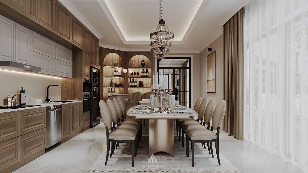Thiết kế biệt thự Vinhomes Royal Island – không gian phòng bếp Modern Classic sang trọng với gam màu nâu gỗ trầm ấm.