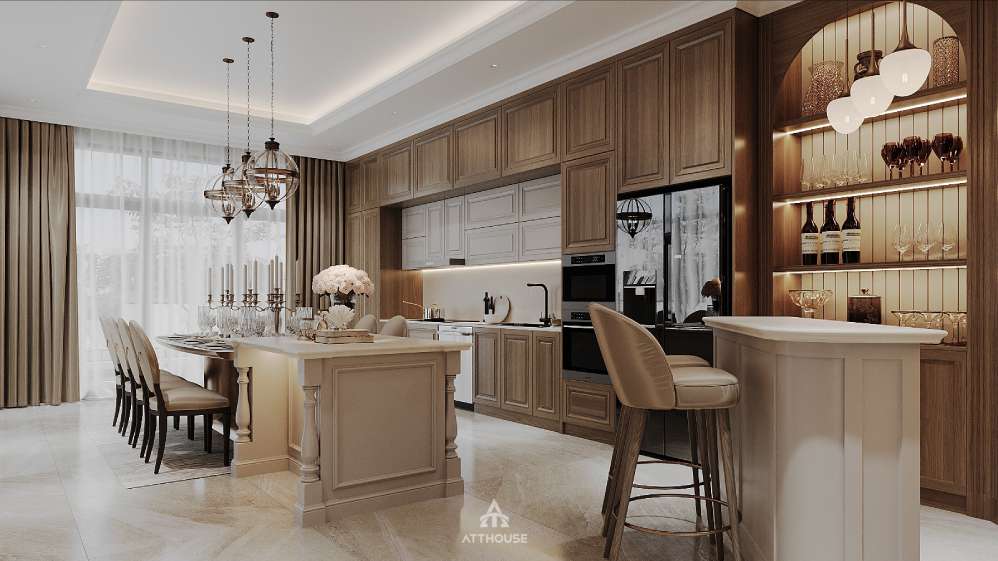 Thiết kế biệt thự Vinhomes Royal Island nổi bật với khu vực bàn ăn thanh lịch, kết hợp ánh sáng tự nhiên và đèn thả cổ điển.