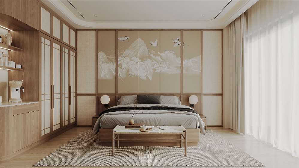 Thiết kế phòng ngủ master biệt thự Vinhomes Royal Island – phòng ngủ phong cách Modern Classic với gam màu be và nâu gỗ thanh lịch.