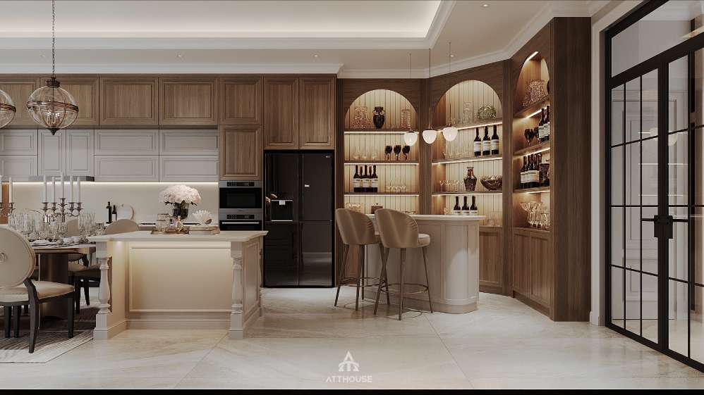 Quầy bar kết hợp tủ rượu đèn LED tạo dấu ấn đẳng cấp cho không gian bếp tại thiết kế biệt thự Vinhomes Royal Island.
