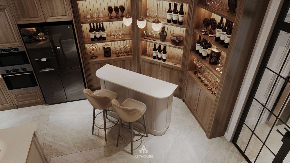 Sự kết hợp giữa sắc trắng kem và nâu gỗ mang đến vẻ đẹp hài hòa cho thiết kế biệt thự Vinhomes Royal Island.