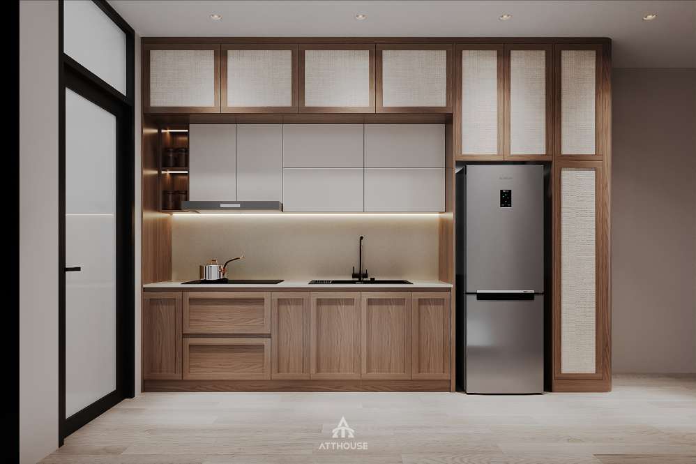 Hệ tủ bếp pano màu nâu gỗ khẳng định vẻ đẹp cổ điển sang trọng tại thiết kế biệt thự Vinhomes Royal Island.